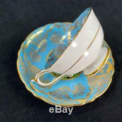 Paragon England Large Cabbage Rose Gold Filigree Turquoise Cup Saucer A1695/3