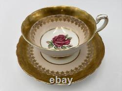 Paragon England Red Rose on Pink Background Golden Tea Cup & Saucer Set