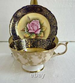 Paragon England Tea Cup & Saucer Floating Pink Cabbage Rose Cobalt Heavy Gold
