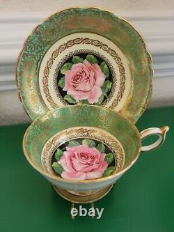 Paragon England Tea Cup & Saucer Floating Pink Cabbage Rose On Green Gold