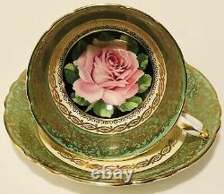 Paragon England Tea Cup & Saucer Floating Pink Cabbage Rose On Green Heavy Gold