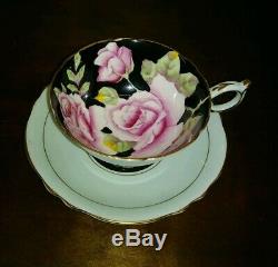 Paragon England Vtg Tea Cup Saucer Teacup Black Pink Roses Gold Hm Queen Mary