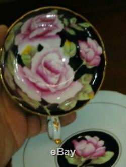 Paragon England Vtg Tea Cup Saucer Teacup Black Pink Roses Gold Hm Queen Mary