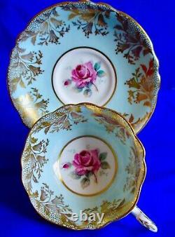 Paragon Fancy Light Blue Gold Red Rose Fine Bone China Cup & Saucer 1950s