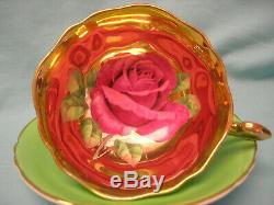 Paragon Fantastic Floating Red Cabbage Rose on GOLD Lime Green Cup & Saucer