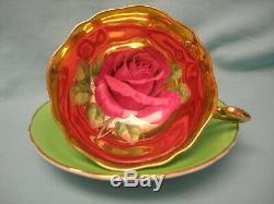 Paragon Fantastic Floating Red Cabbage Rose on GOLD Lime Green Cup & Saucer