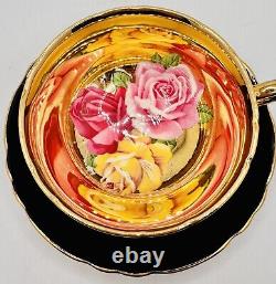 Paragon Floating Cabbage Roses Black Pink Red Gold Cup & Saucer VERY RARE Teacup