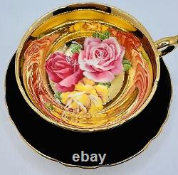 Paragon Floating Cabbage Roses Black Pink Red Gold Cup & Saucer VERY RARE Teacup