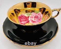 Paragon Floating Cabbage Roses Black Pink Red Gold Cup & Saucer VERY RARE Teacup