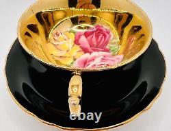 Paragon Floating Cabbage Roses Black Pink Red Gold Cup & Saucer VERY RARE Teacup