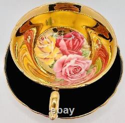 Paragon Floating Cabbage Roses Black Pink Red Gold Cup & Saucer VERY RARE Teacup