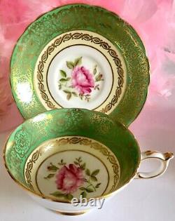 Paragon Green Gold Pink Cabbage Rose PinK Floating Rose Teacup Tea Cup Saucer