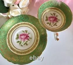 Paragon Green Gold Pink Cabbage Rose PinK Floating Rose Teacup Tea Cup Saucer