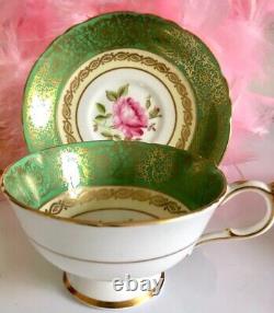 Paragon Green Gold Pink Cabbage Rose PinK Floating Rose Teacup Tea Cup Saucer