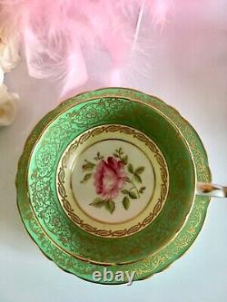 Paragon Green Gold Pink Cabbage Rose PinK Floating Rose Teacup Tea Cup Saucer