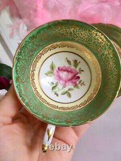 Paragon Green Gold Pink Cabbage Rose PinK Floating Rose Teacup Tea Cup Saucer