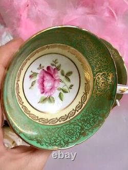 Paragon Green Gold Pink Cabbage Rose PinK Floating Rose Teacup Tea Cup Saucer