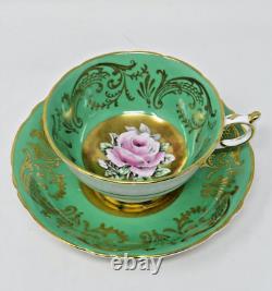 Paragon Green and Gold Teacup & Saucer Cabbage Rose Bone China England Queen