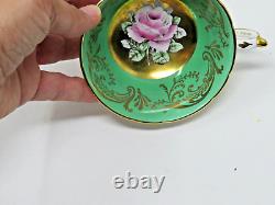 Paragon Green and Gold Teacup & Saucer Cabbage Rose Bone China England Queen