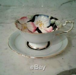 Paragon Hand Painted Black Pink Blue Floral Center Tea Cup & Saucer Gold trim