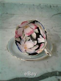 Paragon Hand Painted Black Pink Blue Floral Center Tea Cup & Saucer Gold trim