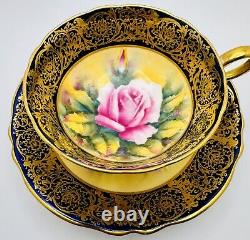 Paragon Hand Painted Pink Cabbage Rose Gold Gilt Cobalt Blue Cup & Saucer Teacup