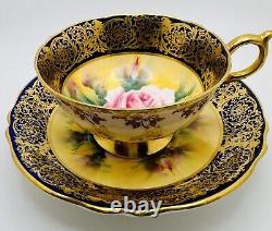 Paragon Hand Painted Pink Cabbage Rose Gold Gilt Cobalt Blue Cup & Saucer Teacup