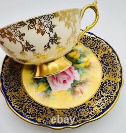 Paragon Hand Painted Pink Cabbage Rose Gold Gilt Cobalt Blue Cup & Saucer Teacup