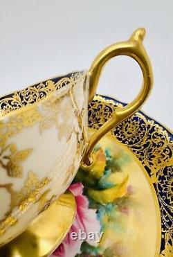 Paragon Hand Painted Pink Cabbage Rose Gold Gilt Cobalt Blue Cup & Saucer Teacup