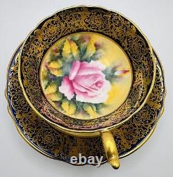 Paragon Hand Painted Pink Cabbage Rose Gold Gilt Cobalt Blue Cup & Saucer Teacup