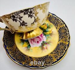 Paragon Hand Painted Pink Cabbage Rose Gold Gilt Cobalt Blue Cup & Saucer Teacup