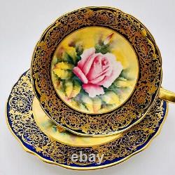 Paragon Hand Painted Pink Cabbage Rose Gold Gilt Cobalt Blue Cup & Saucer Teacup