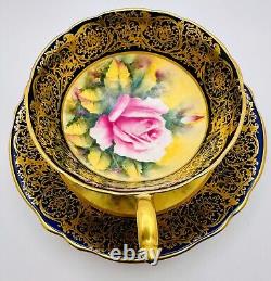 Paragon Hand Painted Pink Cabbage Rose Gold Gilt Cobalt Blue Cup & Saucer Teacup