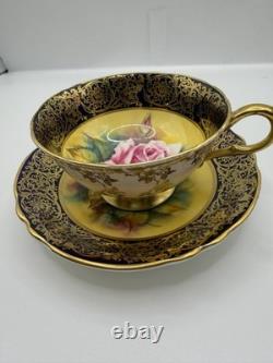 Paragon Hand Painted Rose Teacup Saucer Cobalt & Gold Gilt Signed A360