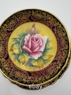 Paragon Hand Painted Rose Teacup Saucer Cobalt & Gold Gilt Signed A360