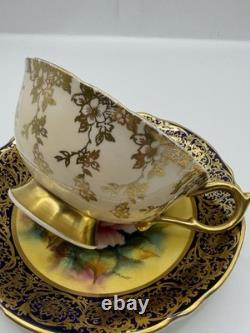 Paragon Hand Painted Rose Teacup Saucer Cobalt & Gold Gilt Signed A360