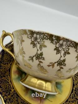 Paragon Hand Painted Rose Teacup Saucer Cobalt & Gold Gilt Signed A360