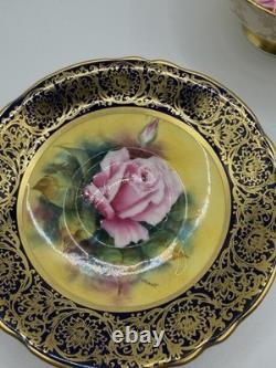 Paragon Hand Painted Rose Teacup Saucer Cobalt & Gold Gilt Signed A360