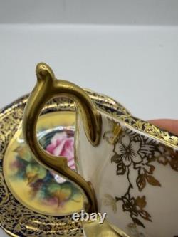 Paragon Hand Painted Rose Teacup Saucer Cobalt & Gold Gilt Signed A360