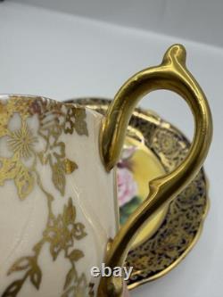 Paragon Hand Painted Rose Teacup Saucer Cobalt & Gold Gilt Signed A360