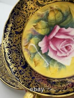 Paragon Hand Painted Rose Teacup Saucer Cobalt & Gold Gilt Signed A360