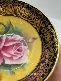 Paragon Hand Painted Rose Teacup Saucer Cobalt & Gold Gilt Signed A360