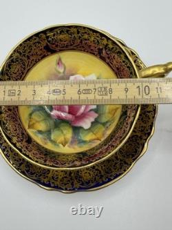 Paragon Hand Painted Rose Teacup Saucer Cobalt & Gold Gilt Signed A360