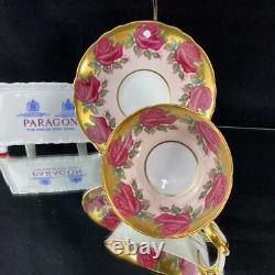 Paragon Johnson-type Red Rose Garland HEAVY GOLD Pink Cup Saucer A1437