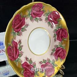 Paragon Johnson-type Red Rose Garland HEAVY GOLD Pink Cup Saucer A1437