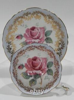 Paragon LARGE PINK FLOATING ROSE CUP & SAUCER Baby Blue and Gold Filigree MINT