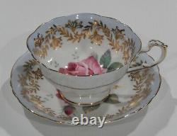 Paragon LARGE PINK FLOATING ROSE CUP & SAUCER Baby Blue and Gold Filigree MINT