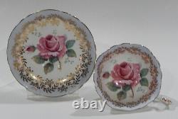 Paragon LARGE PINK FLOATING ROSE CUP & SAUCER Baby Blue and Gold Filigree MINT