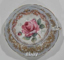 Paragon LARGE PINK FLOATING ROSE CUP & SAUCER Baby Blue and Gold Filigree MINT