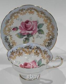 Paragon LARGE PINK FLOATING ROSE CUP & SAUCER Baby Blue and Gold Filigree MINT